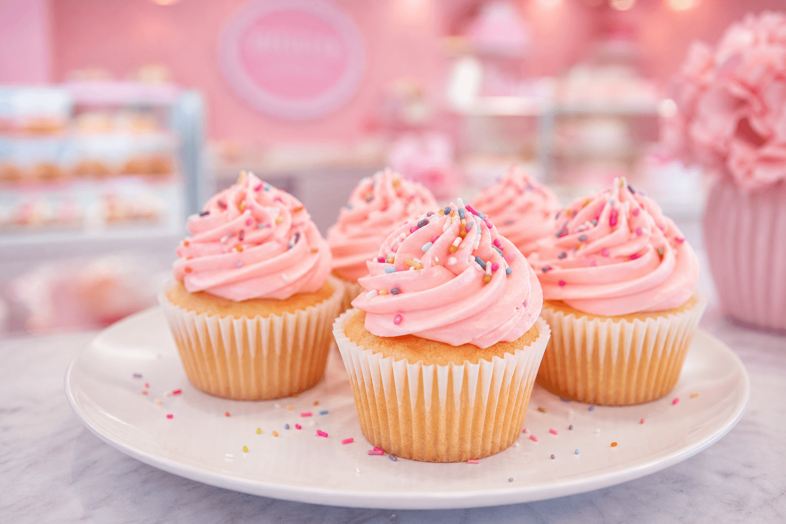 Cupcake hồng phủ kem tươi tại Sweet Delight Bakery
