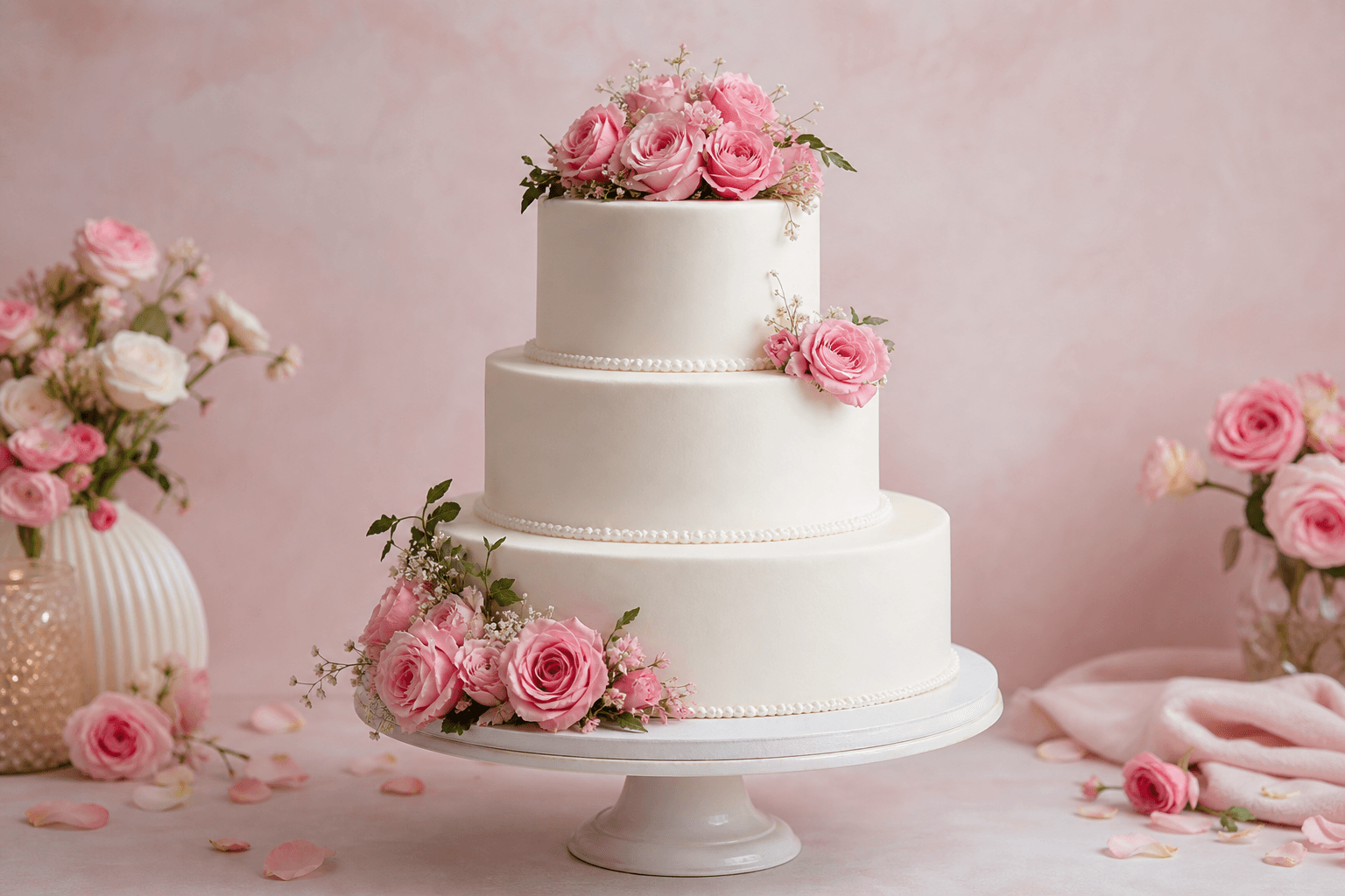 Bánh cưới ba tầng trắng trang trí hoa hồng hồng – đặt bánh theo yêu cầu Sweet Delight