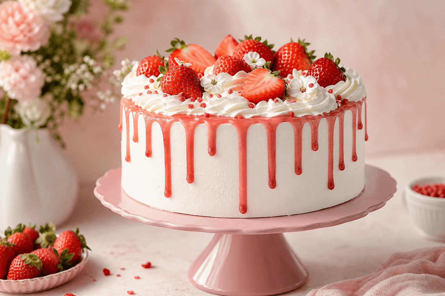 Bánh kem trắng phủ kem hồng drip, trang trí dâu tươi trên đế hồng – Sweet Delight Bakery
